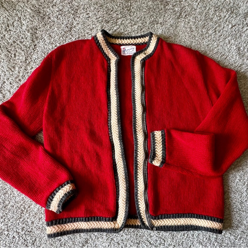 ❤️ VINTAGE RED WOOL SCOTTISH CARDIGAN SWEATER TRIM ZIP UP SCOTLAND 50s 60s